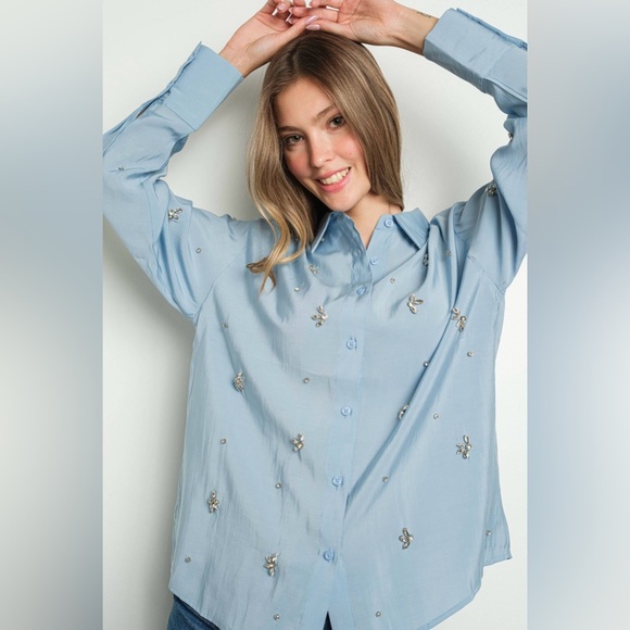NWT EMERY Rhinestone Embellished Long Sleeve Shirt | Blue - Picture 3 of 7